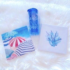 NEW! Beach Bundle! Two Mini Canvas Wall Art Decor and One Plastic Tumbler